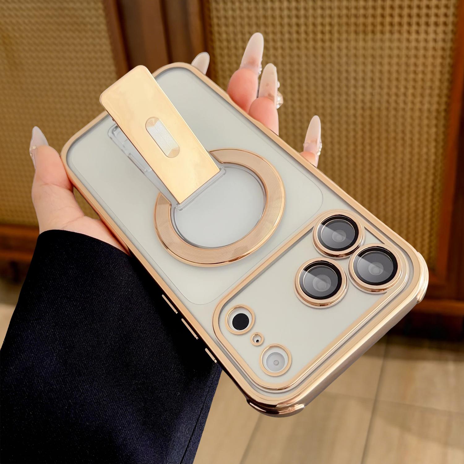 Magnetic Electroplated Clear Case for iPhone 17 Pro Max/17 AIR 16 Pro 15 14 plus 13,Built-in Invisible Kickstand & Camera Lens Protector,Shockproof Protection Transparent Durable Phone Cover