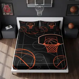 Basketball Court Print Full Fitted Sheets Set for Boys, Ball Sports Games Bedding Set for Teens Kids Bedroom Decor, Orange Full Size Basketball Fitted Sheets, 1 Fitted Sheet+2 Pillowcases
