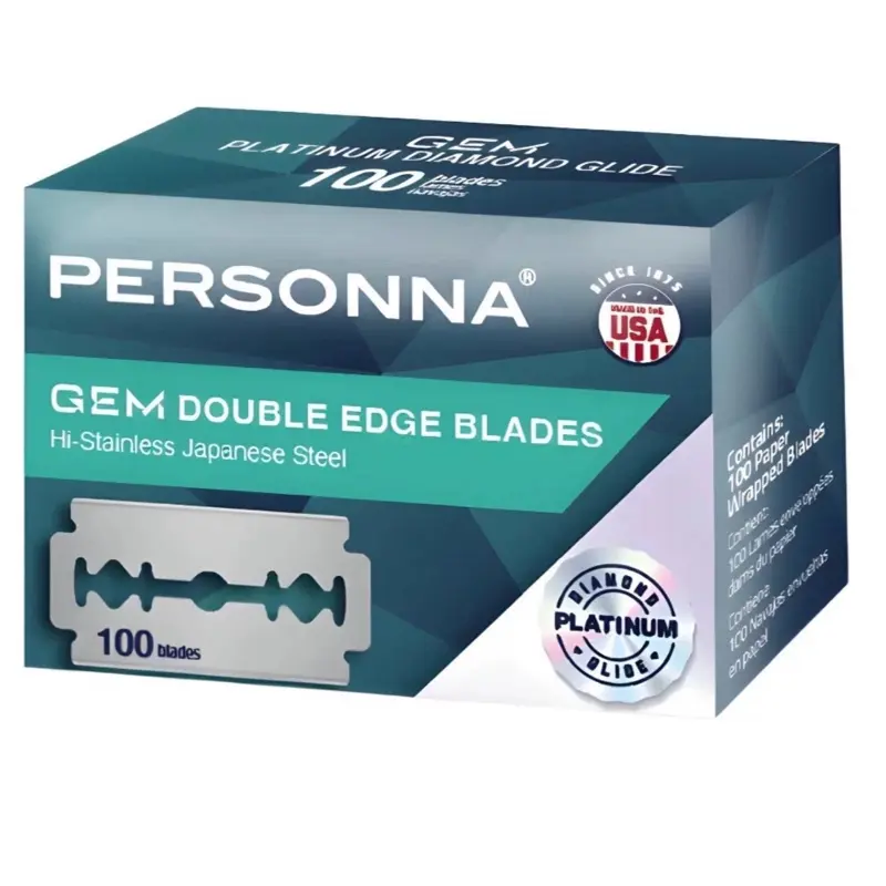 Personna GEM Double Edge Razor Blades Hi-Stainless Japanese Steel 100 Pack Platinum Diamond Glide Coating Made in USA