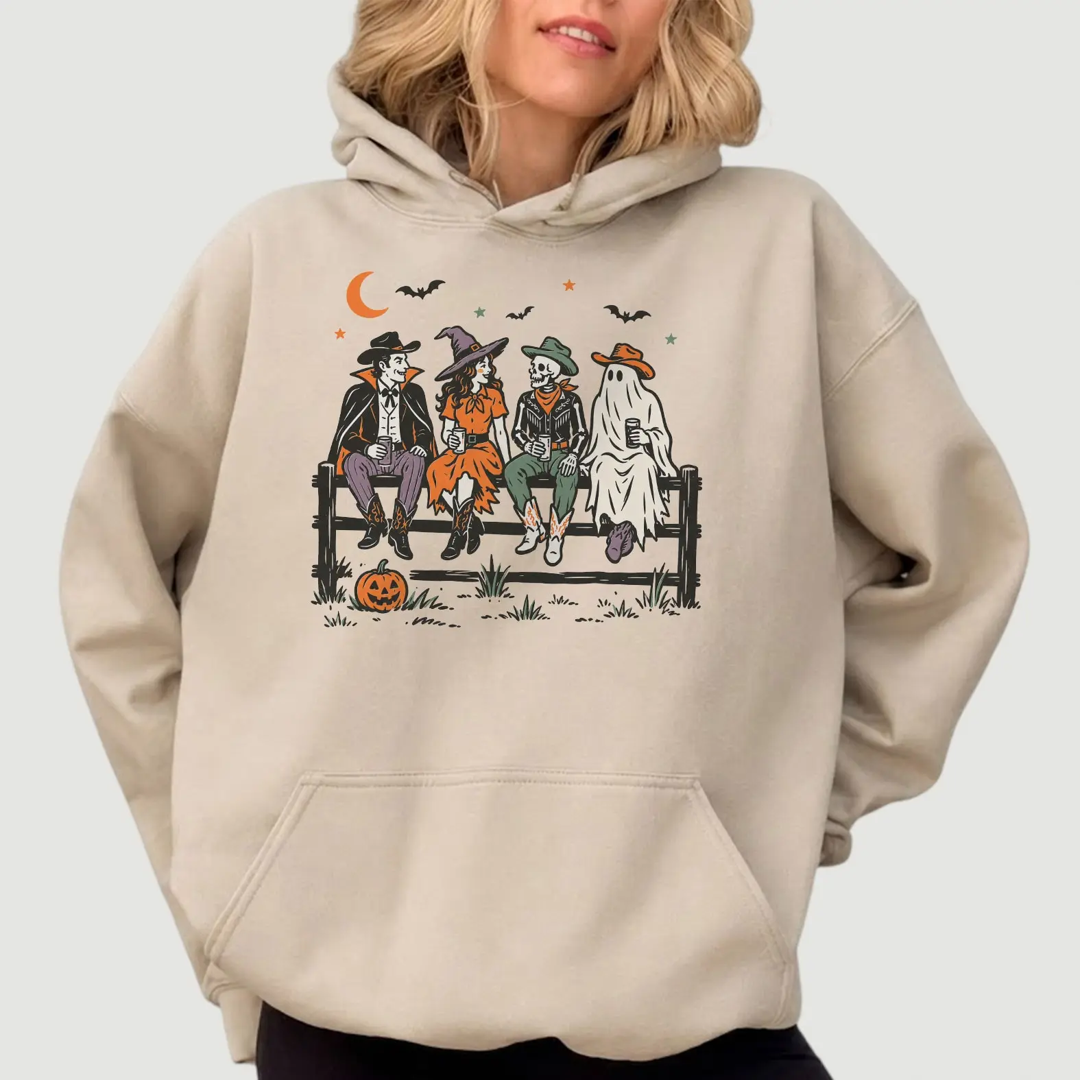 Gildan Halloween Western Hoodie, Cowboy Witch Skeleton & Ghost Bench Graphic Pullover, Spooky Western Lover Gift