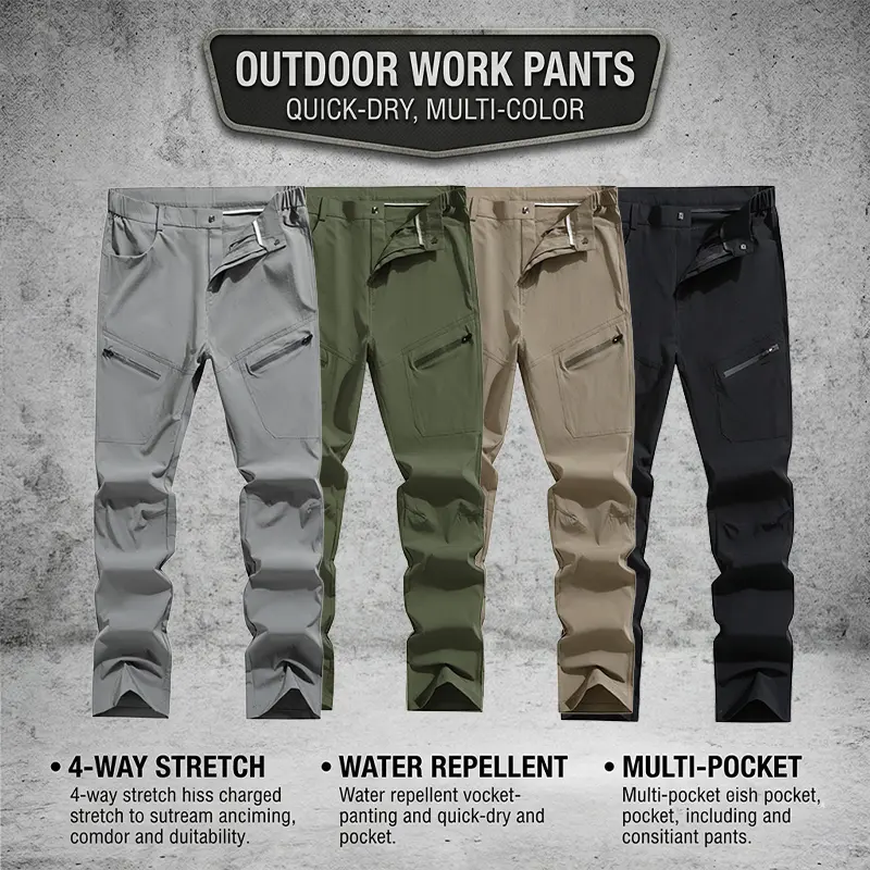 Polyamide fiber (nylon) 100% men’s outdoor cargo pants — stretch, quick-dry, waterproof, wear-resistant, multi-pocket hiking/trekking long pants; 4-way stretch water-repellent outdoor work pants; multi-pocket wear-resistant tactical cargo pants for men; h