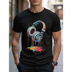 Men's Christmas Limited Edition Music T-Shirt - Headphones & Soundwave Print Round Neck Short Sleeve, Breathable Suitable for Casual Wear & Holiday Parties, Multicolor Music Lover Gift for Concerts, Festivals, Everyday Outfits