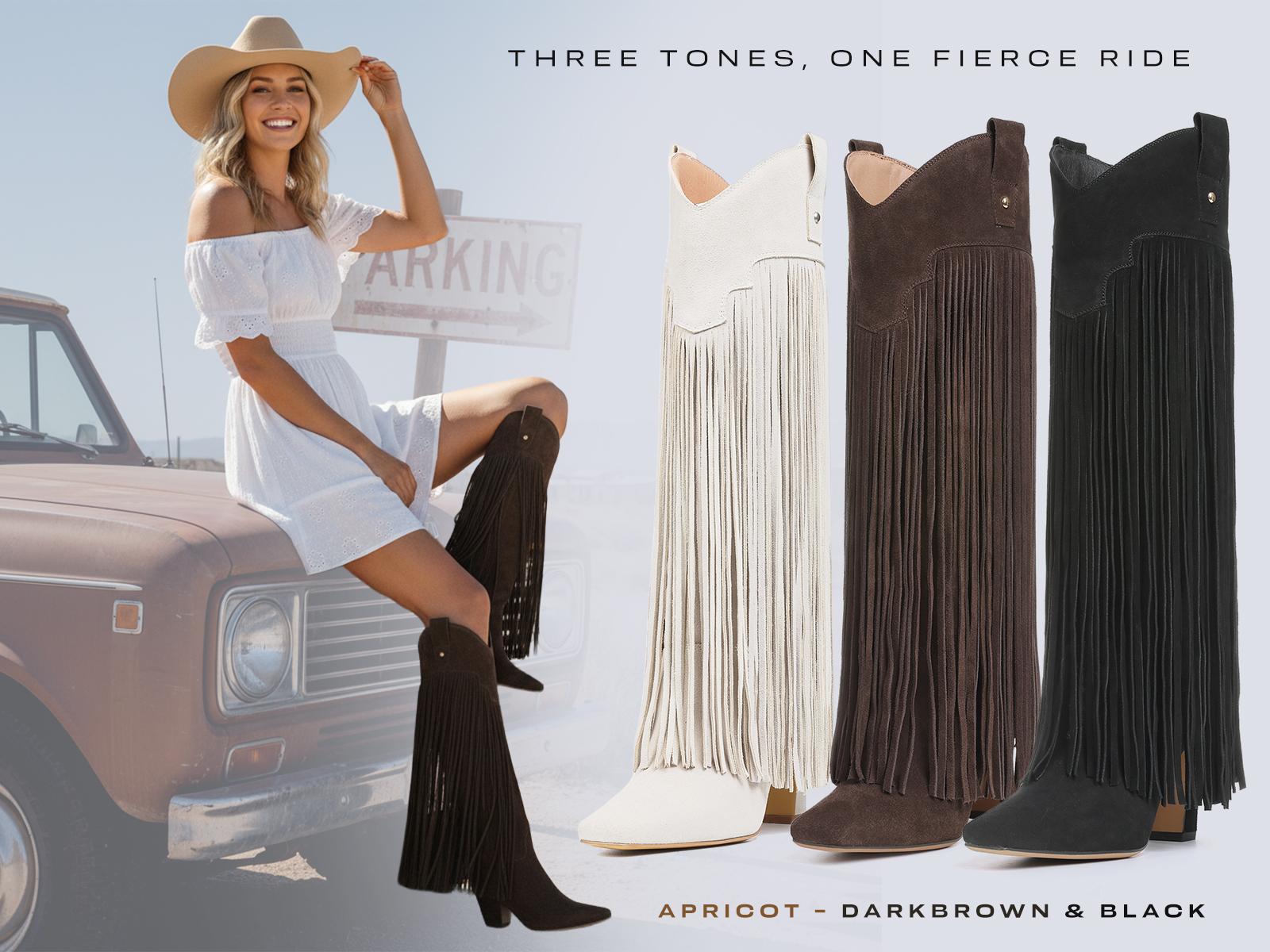 CELNEPHO Women Cowboy Boots Square Toe Knee High Fringe Boot Easy Pull on Tabs Metal Studs Western Design Cosplay Wear Party Horse Riding Country Wedding Dress Shoes