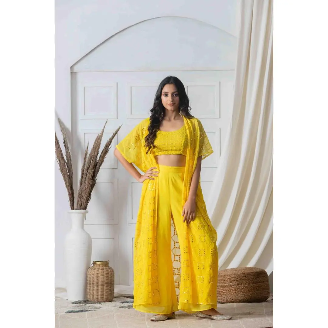 Yellow Mirror-Work Cape Set