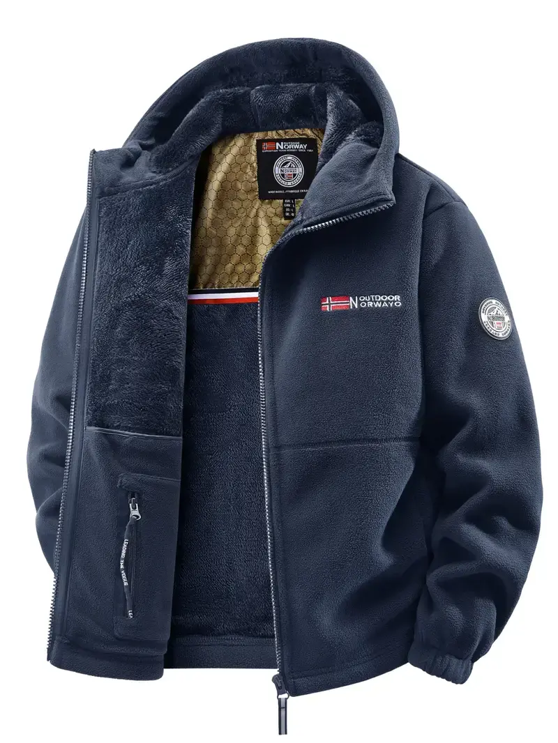 Men's Fitted Pull-On Casual Long-Sleeve Polyester Microfiber Fleece Coat - Autumn-Winter Warm, Graphene Black Tech Lining, Cold-Resistant Heat Retention, Lettering Knitting, Christmas Daily Outdoor Form-Fitting Jacket
