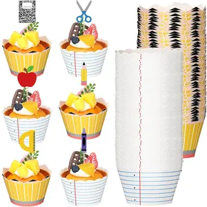 72pcs Back to School Cupcake Wrappers and Topper First Day of School Paper Cupcake Liners Pencil Ruler Crayon Notebook Cake Picks for Teacher Welcome Ceremony Party Decoration