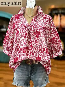 Plus Size Women's Plant Print V Neck Shirt Blouse, Bell Sleeve Loose Fit, Casual Summer Top, Beach Vacation, Daily Wear, Office