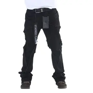 Stacked Flare Distressed Pants - Black, Loose Fit, Mid Waist, Plain Design, Suitable for All Seasons