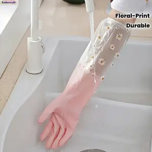 Cute Floral Dishwashing Gloves for Women, Waterproof Reusable Kitchen Cleaning Gloves, Aesthetic Clean Girl Household Essentials for Dishes, Bathroom Cleaning & Everyday Home Chores
