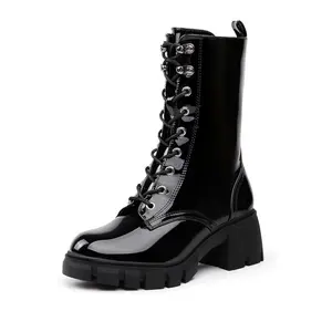 IDIFU Women's Trendy Mid-Calf Combat Platform Boots: Lug Sole, Low Chunky Block Heel for Fall/Winter Soft Footwear Elegant Comfort Walking Shoes Girl