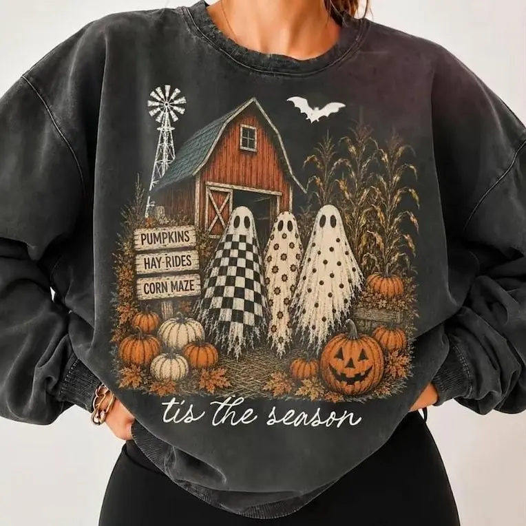 Tis the Season Ghost Trio Sweatshirt, Pumpkin Patch Ghost Sweatshirt, Farmhouse Halloween Sweater, Checkered Floral Polka Dot Ghost, Fall Sweater