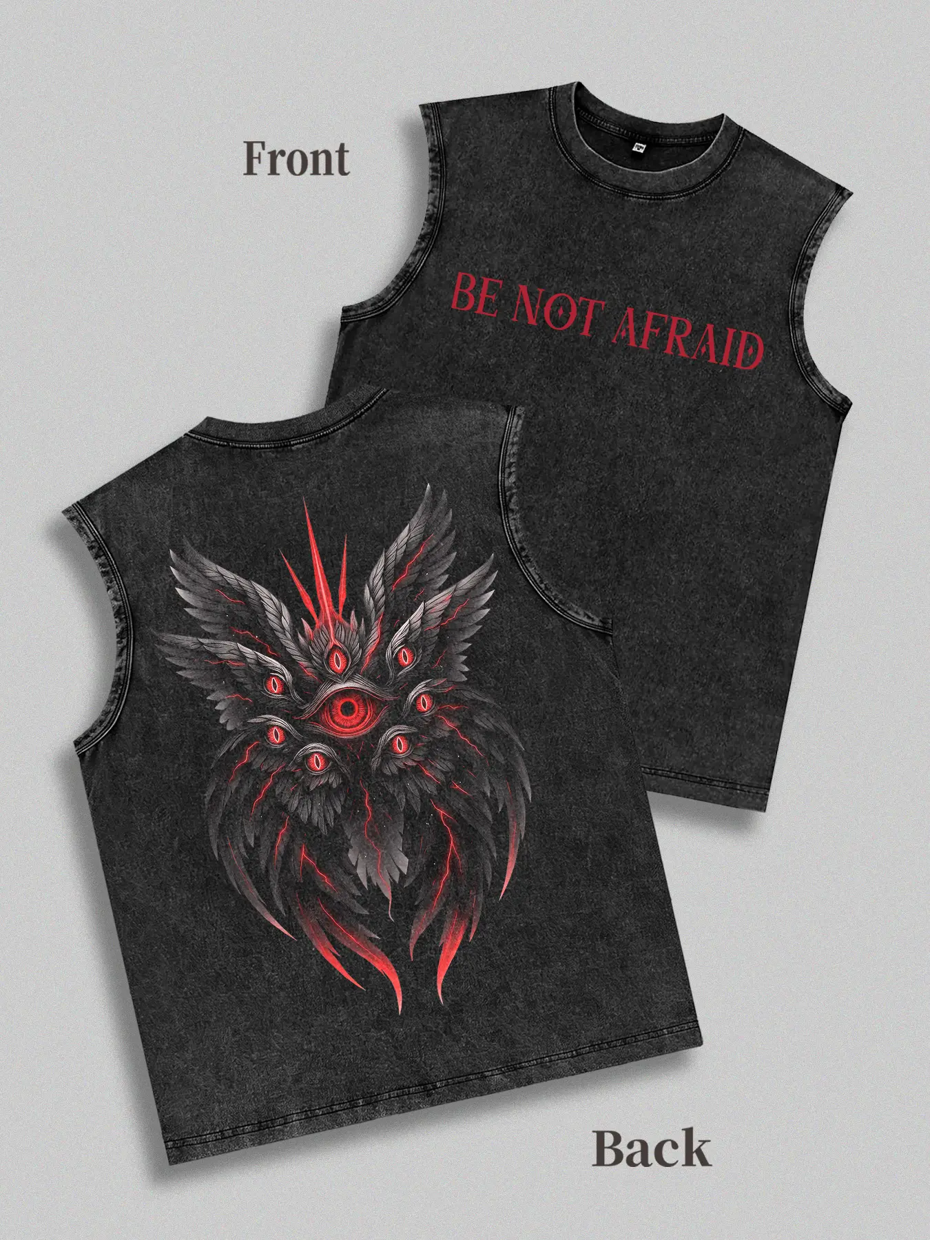 Men's Stylish Casual Dark Gothic Washed-Distressed 'Seraph' Graphic Fitted Tank Top - Round Neck, Sleeveless, Dark Aesthetics Enthusiasts' Streetwear Undershirt, Fashion Apparel, Male Clothing