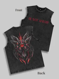 Dark Gothic style washed and distressed 'Seraph' graphic sleeveless T-shirt, BE NOT AFRAID 'Fearless, rebellious' subculture themed vest, a must-have outfit for fans of subcultural dark aesthetics.