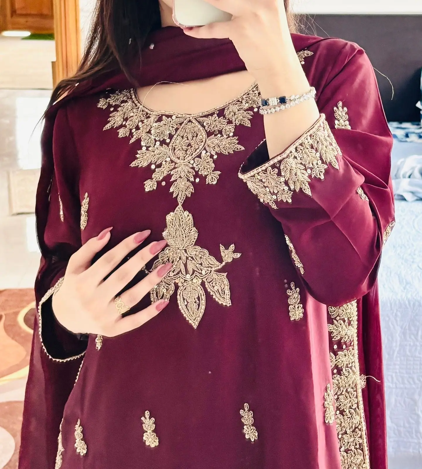 Meher | Tassel Silk 3-Piece Suit with Antique Gold Nakshi, Dabka & Tilla Embroidery – Ice Blue & Maroon