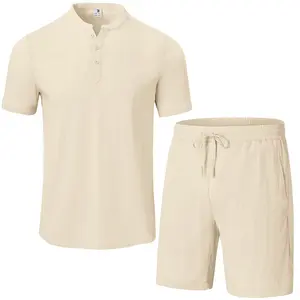 Gopune Men's Short Set 2 Pieces Outfits Summer Shirt and Shorts Beach Suits Henley Shirt