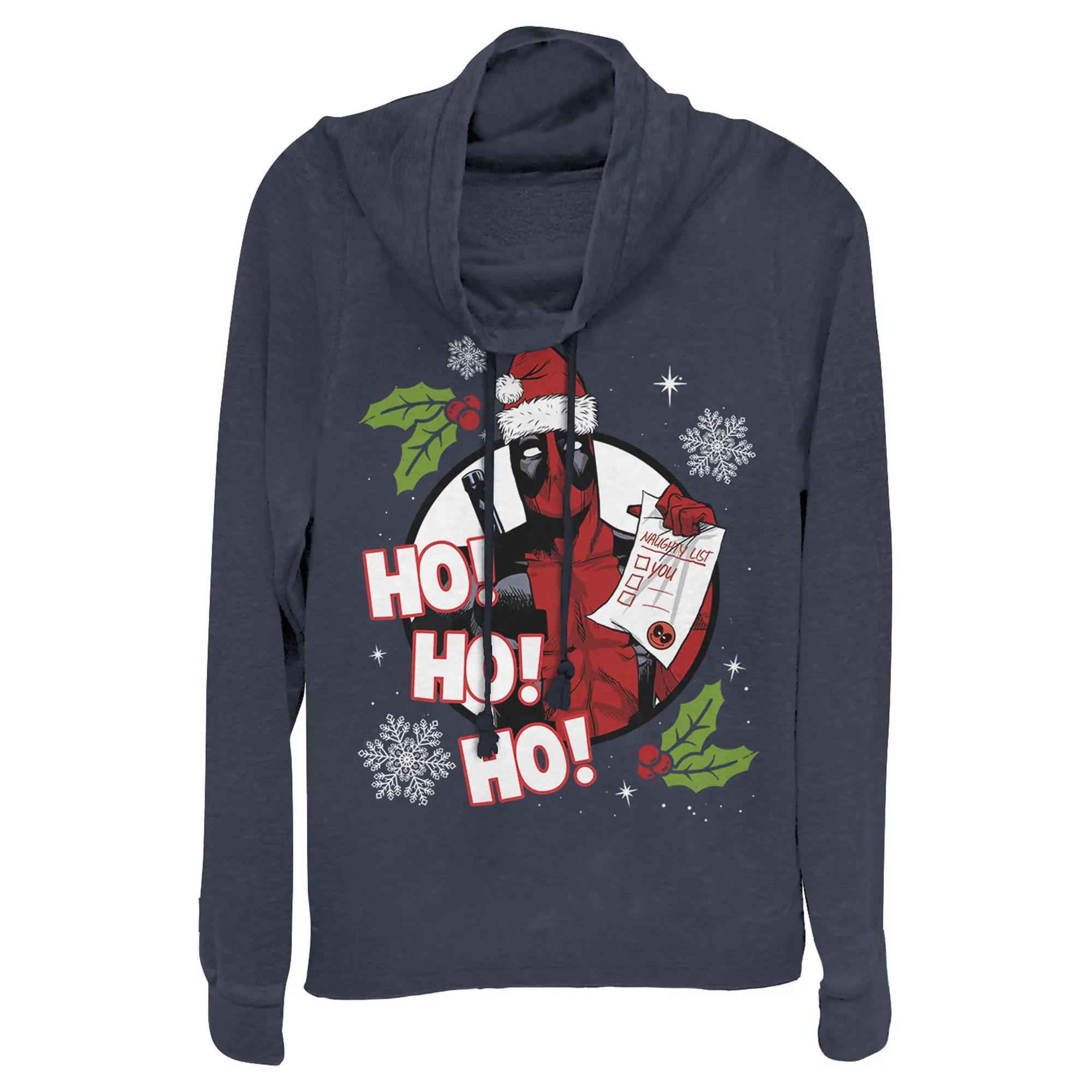 Juniors Womens Marvel Deadpool Santa Naughty List Holiday Cowl Neck Sweatshirt