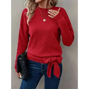 Women's Plain Bow Decor Drop Shoulder Sweater, Elegant Long Sleeve Round Neck Jumper for Fall & Winter, Fashion Women's Knitwear for Daily Wear