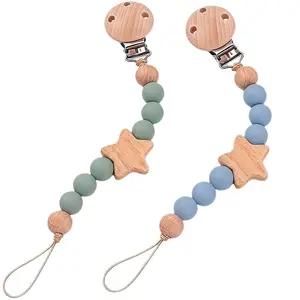 2Pcs Wood Star Silicone Pacifier Clip Blue Pacifier Holder Binky Clips for Baby Boy