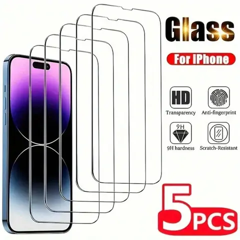 5-Pack Tempered Glass Phone Screen Protectors - Ultra Strong, Shock Resistant, Oleophobic Coating, Smooth Touch, Transparent Cover Compatible with iPhone 11/X/XR/12 Pro/13/14/15/16/16 Plus/16 Max/16e/17/17 Max/17 Air & More Handheld Devices, Tempered Glas