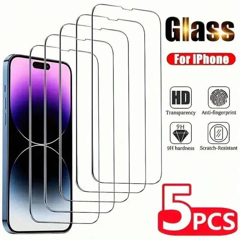 5-Pack Tempered Glass Phone Screen Protectors - Ultra Strong, Shock Resistant, Oleophobic Coating, Smooth Touch, Transparent Cover Compatible with iPhone 11/X/XR/12 Pro/13/14/15/16/16 Plus/16 Max/16e/17/17 Max/17 Air & More Handheld Devices, Tempered Glas