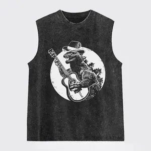 Godzilla Plays Guitar Washed Tank Top, Gym Essential, Vintage Casual Crewneck Sleeveless Menswear T-shirts Classic Cotton Fabric Streetwear