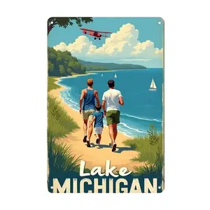 Vintage 1950s Lake Michigan Family Beach Scene Aluminum Decorative Wall Art Artistic Ocean Inspired Design for Home Office Cafe Bar Garage Decor Easy to Hang Holiday Seasonal Decorations