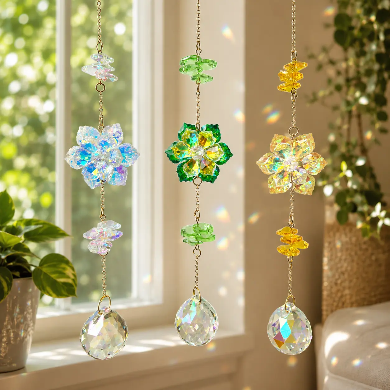 Flower Suncatchers for Windows Hanging, Glass Bead Sun Catcher with Teardrop Prism, Rainbow Window Decor, Boho Room Decor, Gifts for Women