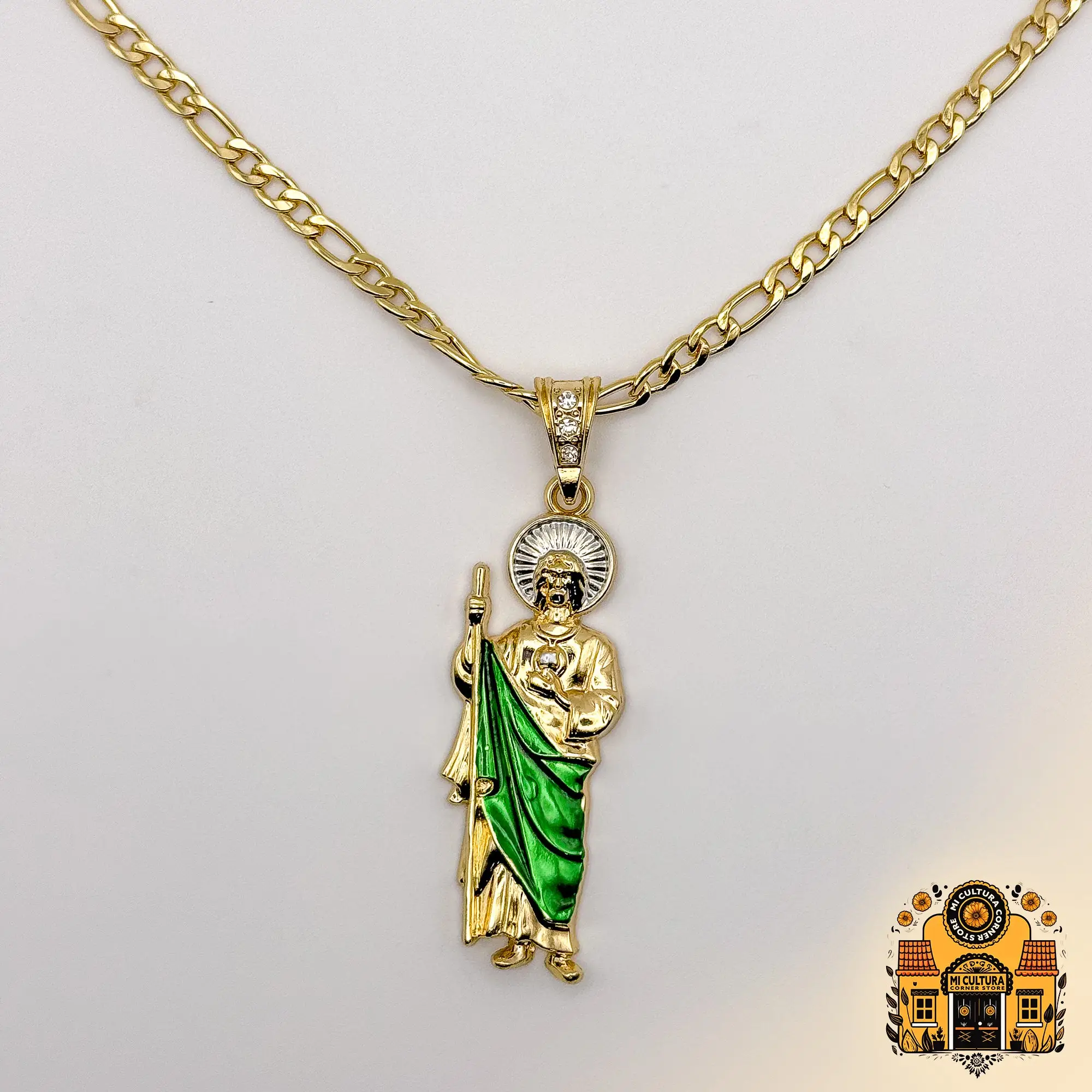 14K Gold Plated St. Jude Necklace with Green Robe and Silver Halo - Figaro Chain San Judas Pendant / Collar de San Judas Tadeo Chapado en Oro 14K Con