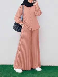 ZANZEA Women's Casual Two Piece Matching Fashion Set Women, Long Sleeve Lantern Sleeve Button Front Work Bag Pleated Palazzo Pants, Ideal for Daily Travel Commute