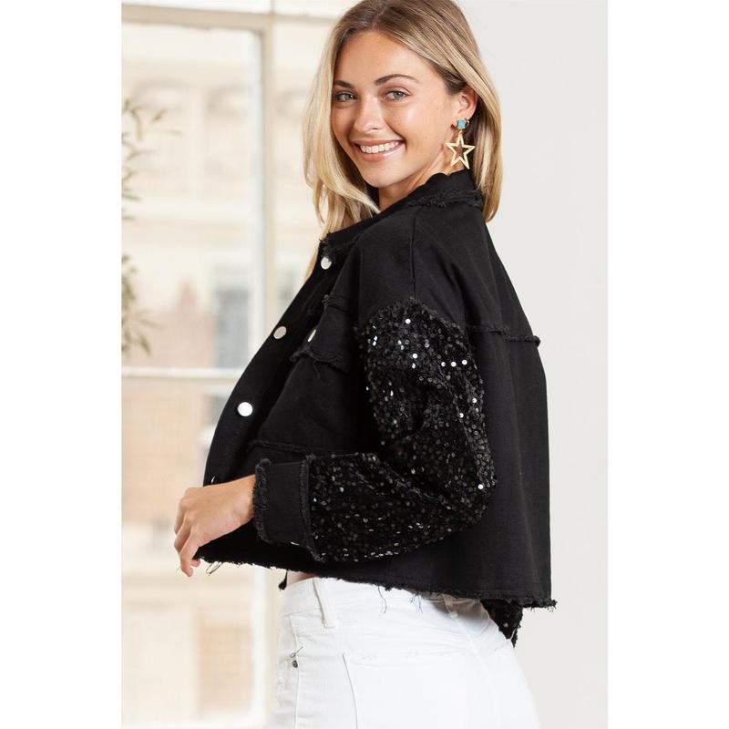 Black Sequin Sleeve Pocketed Raw Hem Denim Jacket Black Sequin Sleeve Pocketed Raw Hem Denim Jacket