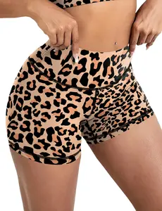 Standard size women's high waisted yoga shorts+high stretch breathable abdominal design+leopard print pattern machine washable