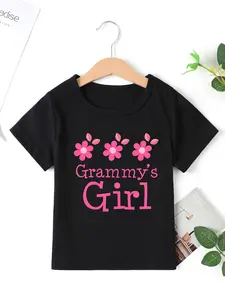 Toddler Girls' Fitted Cut Soft Cotton Short-Sleeve T-Shirt, Grammy's Girl Flower Print Pink Daisy Graphic Top, Casual Gift for Granddaughters