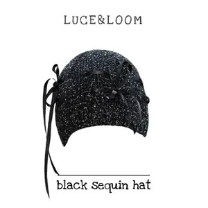 【LUCE&LOOM】Coquette Party Beanie: All-over Sequin with Black Bow Details, Lightweight & Glamorous Knit Hat for Any Occasion