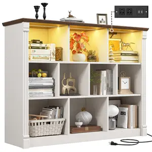 RaybeeFurniture 7/10 Cube Storage Organizer with LED Light and Charging Station Wood Cube Shelf White Bookshelf for Bedroom Living Room,Office