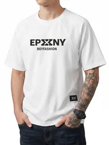 Men's Oversize New T-Shirt, 3D Letter Print, Mesh Breathable, Patchwork Design, Casual Sport Short Sleeve, Ideal for Daily Wear and Outdoor Activities
