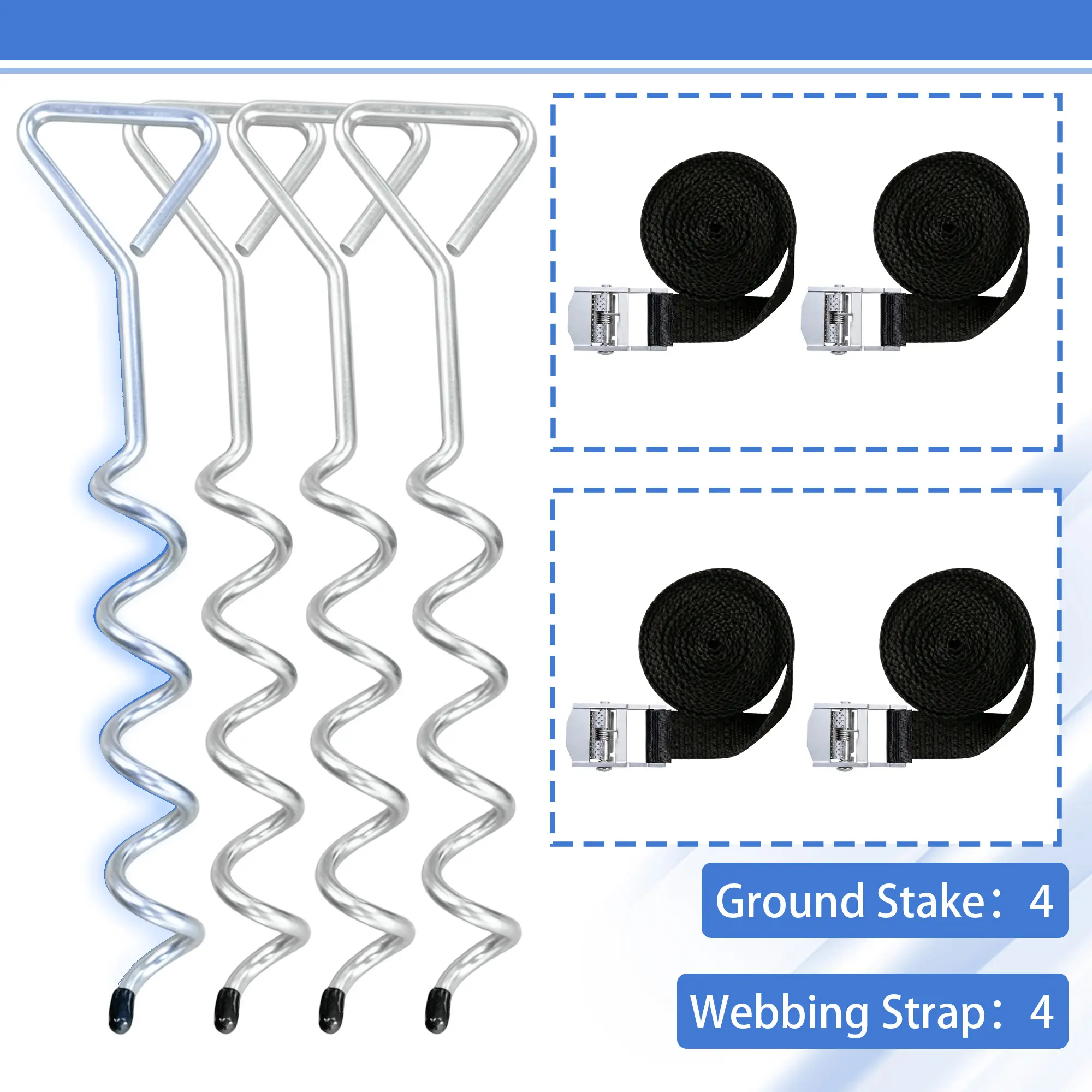 Heavy Duty Trampoline Ground Anchors Kit, 4 Pack Spiral Ground Stakes with 4 Tie Down Straps for Swing Set Tent