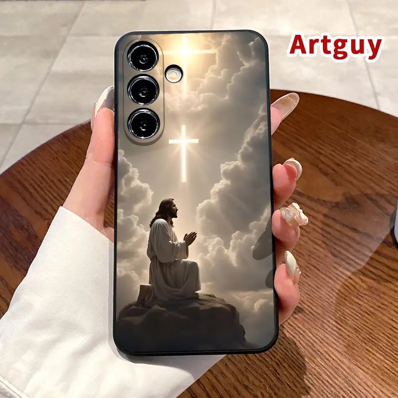 Straight Edge Phone Case Compatible with Samsung S24 ultra plus S25 S23 S22 Ultra Plus Creative Jesus Cross Pattern Pocket-Friendly Shockproof Silicone Protective SoftCase
