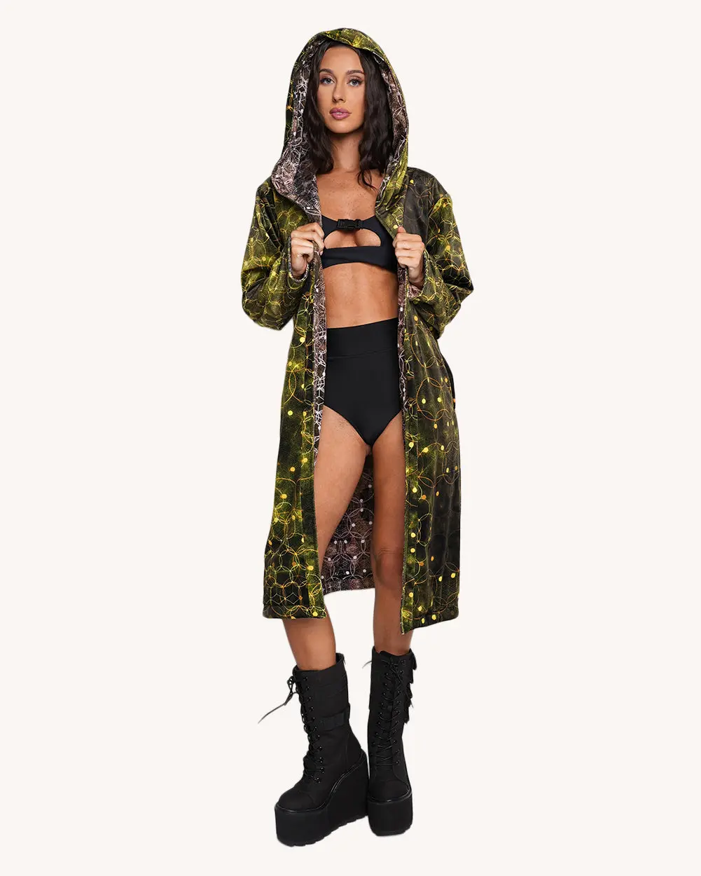 iHeartRaves Men's Reversible Loungewear Robe - Nature Spirit Forest Print, Unisex Festival Costume, Soft-Buttery Fabric, Hidden Stash Pocket, Original
