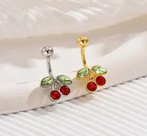 1PC Stainless Steel Red Cherry Rhinestone Navel/Belly Button Bar Piercing