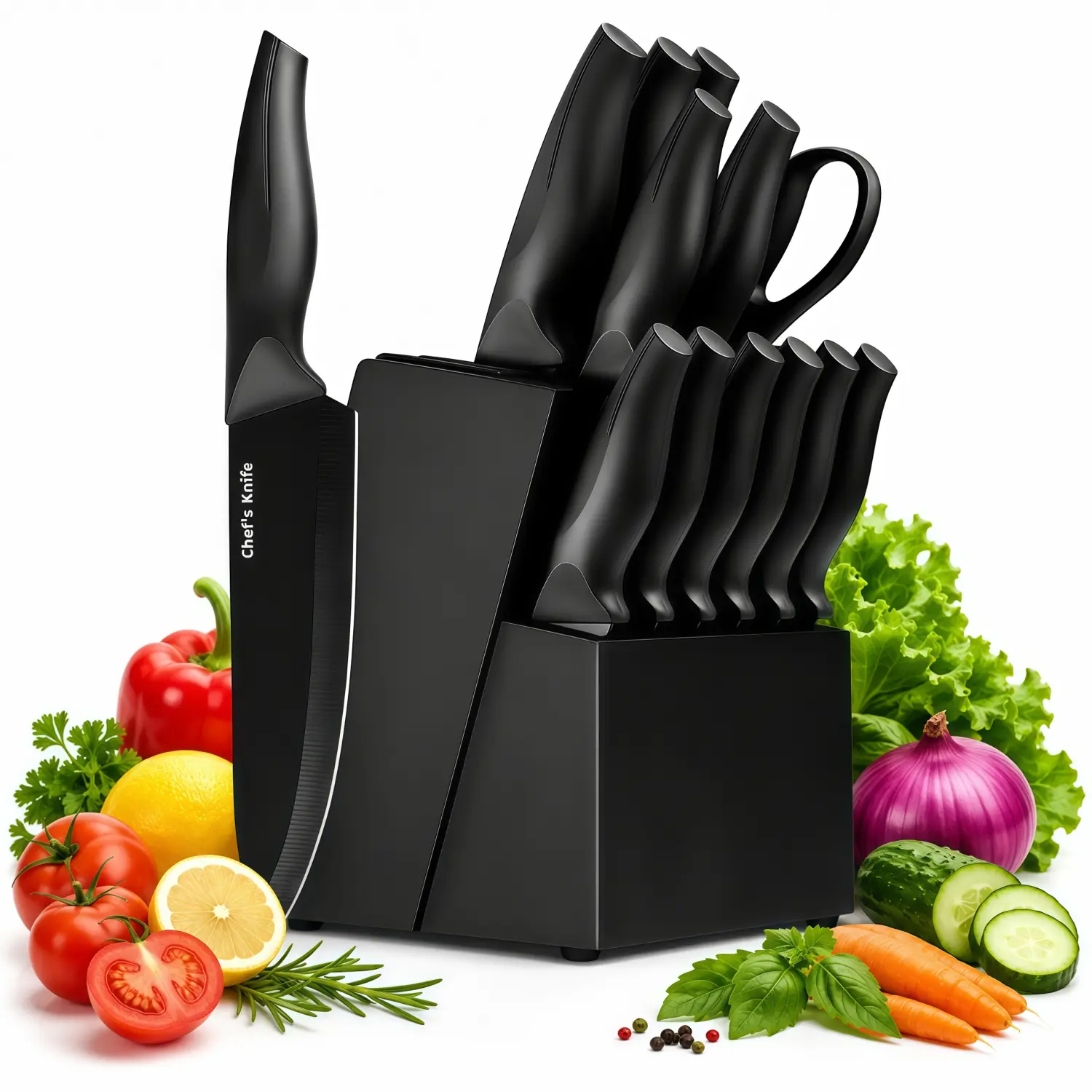 14-Piece Self-Sharpening Stainless Steel Knife Set for Home Kitchen, Black Knives with Storage Block, Built-In Sharpener, ABS Ergonomic Anti-Slip Handles, Dishwasher Safe for Slicing and Cutting