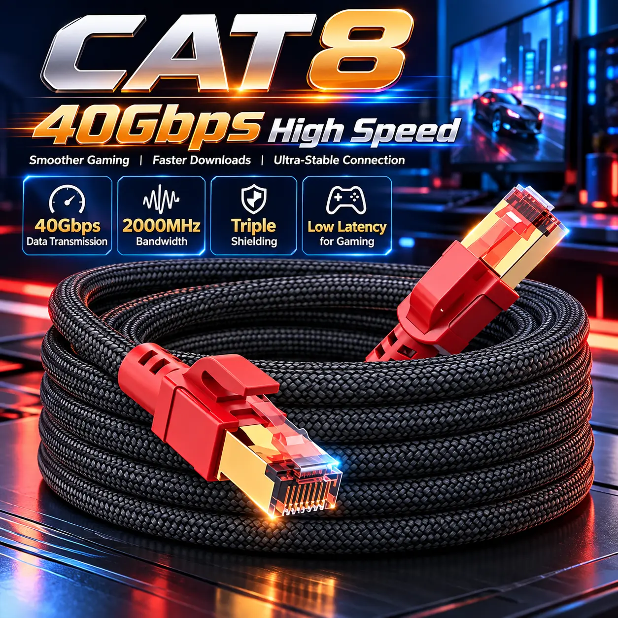 Cat 8 Ethernet Cable, High Speed Braided 40Gbps 2000Mhz Network Cord Cat8 RJ45 Shielded Indoor Heavy Duty LAN Cables Compatible with Gaming PC PS5 PS4 PS3 Xbox Modem Router