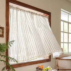 Japanese Style Linen Cotton Curtain, Tassel Fringe Pattern, Coffee Lace Curtains, Farmhouse Balcony Half Curtain, Korean Partition