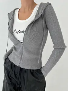 Women's Solid Color Casual Knitted Long Sleeves Zipper Hooded Lightweight Jacket, Stylish and Comfortable Outerwear for Daily Wear, Perfect for Fall and Winter