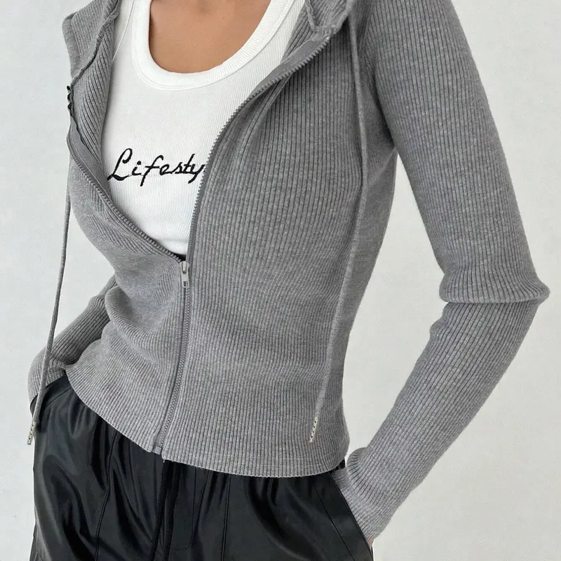 Women's Stylish Solid Color Long Sleeve Zipper Hooded Jacket, Basic Casual Lightweight Soft Fit Jacket and Comfortable Outerwear for Daily Wear, Perfect for Fall and Winter, Autumn Fashion Outerwear