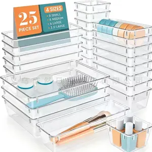 25-Piece Acrylic & Plastic Drawer Organizer Set | Transparent Stackable Storage Boxes with Non-Slip Dividers, Multi-Size Containers for Kitchen, Bathroom, Cosmetics and Jewelry Storage, Kitchen Home Storage, Bathroom Accessories Storage