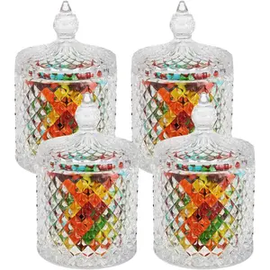 Hedume 4 Pack Crystal Diamond Faceted Jar with Crystal Lid, Glass Food Storage Organization Set Suitable as Candy Dish, Cookie Tin, Decorative Sugar Bowl (Diameter 3.3 Inch)
