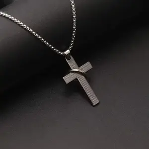 Engraved Scripture Cross Necklace| Stainless Steel Hip Hop Punk Long Pendant for Men & Women, Trendy Party & Daily Jewelry Gift