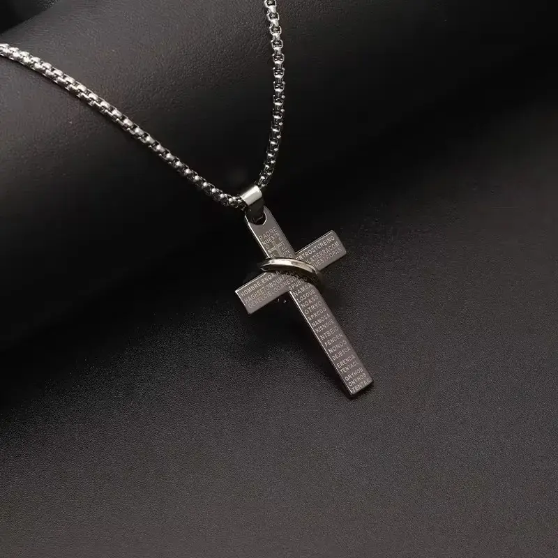 Engraved Scripture Bold Cross Necklace - Stainless Steel Chains for Sleek Shine, Hip Hop Punk Edge, Bold Street Style, Gifts for Boyfriend, Party & Daily Use Jewelry