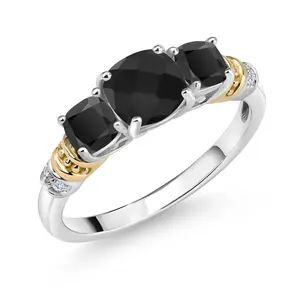 Gem Stone King 3-Stone Ring For Women | 6MM & 4MM Cushion Cut Gemstone Birthstone Moissanite and Diamond Accent | 925 Silver & 10K Yellow Gold | Size 5-9