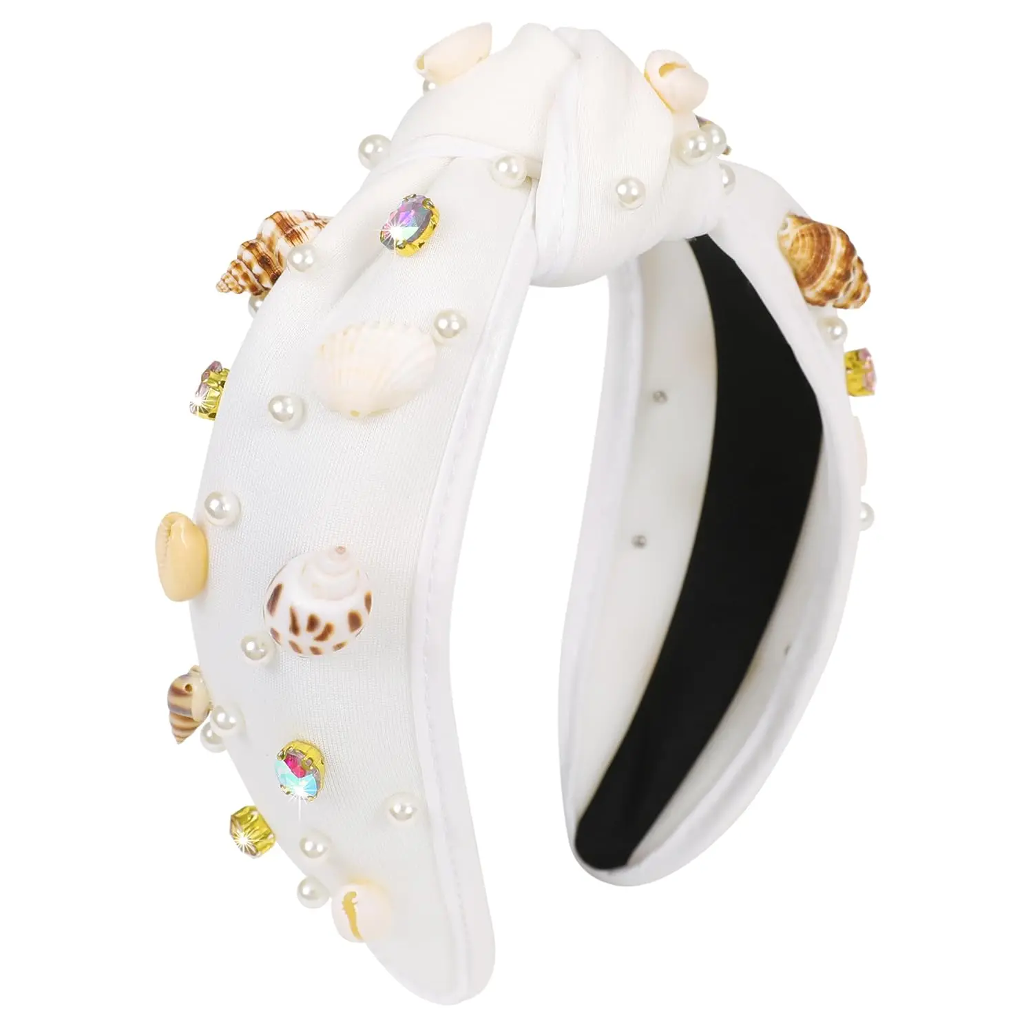 Seashell Headband Women Beaded Crystal Sea Snail Knotted Headband Sparkly White Pink Wide Top Twist Hairband Seashell Headpiece Accessories for Women Beach Party Favors